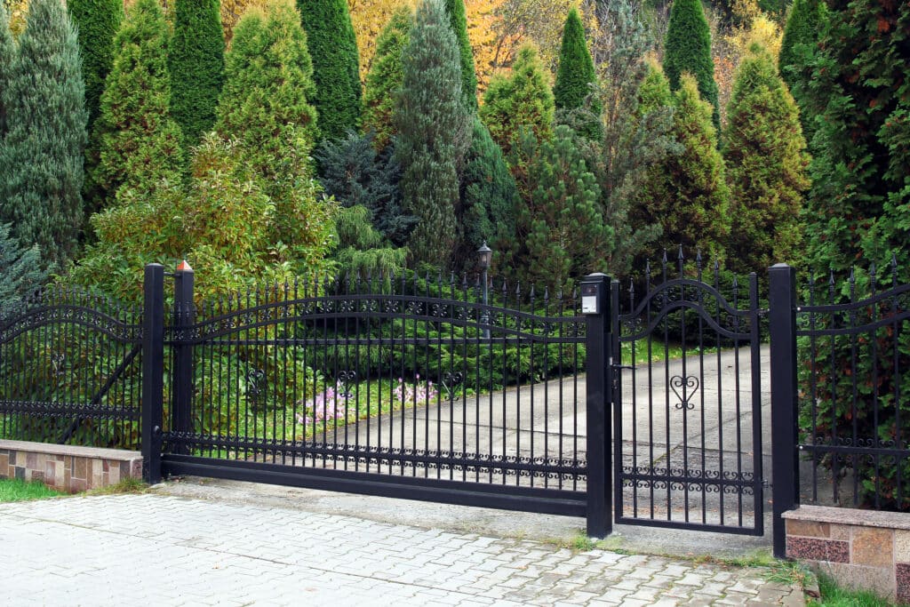 Environmental Effects of Fencing
Black modern gate and green garden with tall shrubs