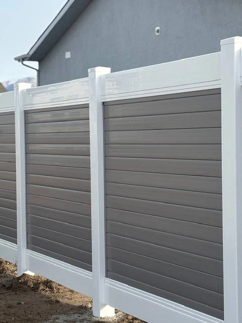 Taylor, UT Fence: Two-Tone Gray Panels, White Posts & Gates