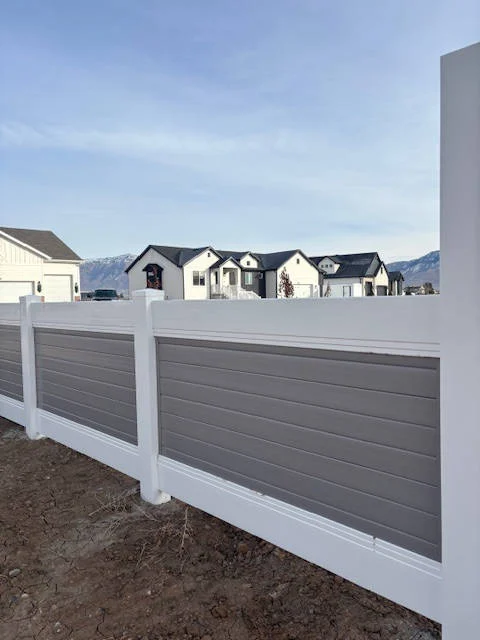 Taylor, UT Fence: Two-Tone Gray Panels, White Posts & Gates
