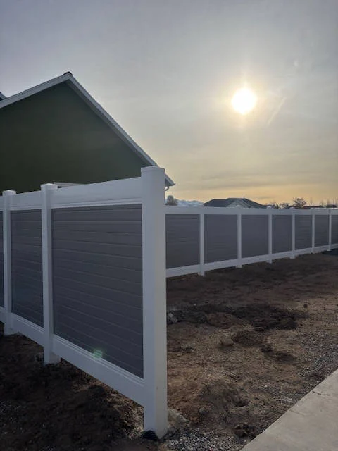 Taylor, UT Fence: Two-Tone Gray Panels, White Posts & Gates